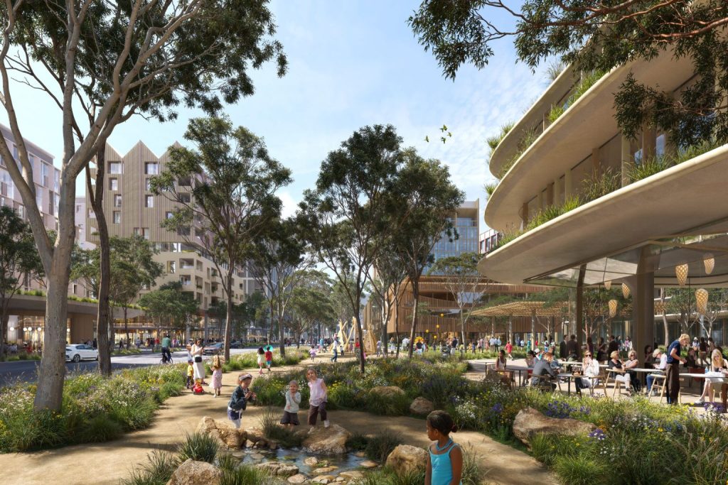 Water-sensitive urban design and mixed-use buildings in Bradfield City First Land Release precinct.