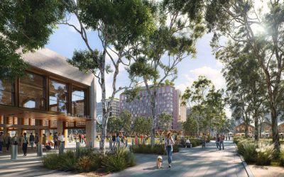 Bradfield City civic square with metro entrance and tree-lined public space in Western Sydney.
