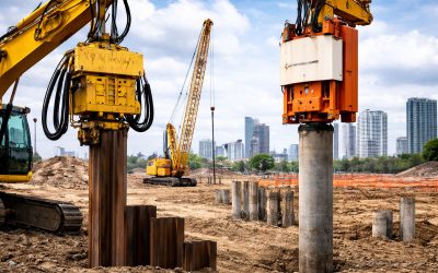 Construction site showing a generic hydraulic vibro hammer and a generic hydraulic pile hammer in operation on steel and concrete piles