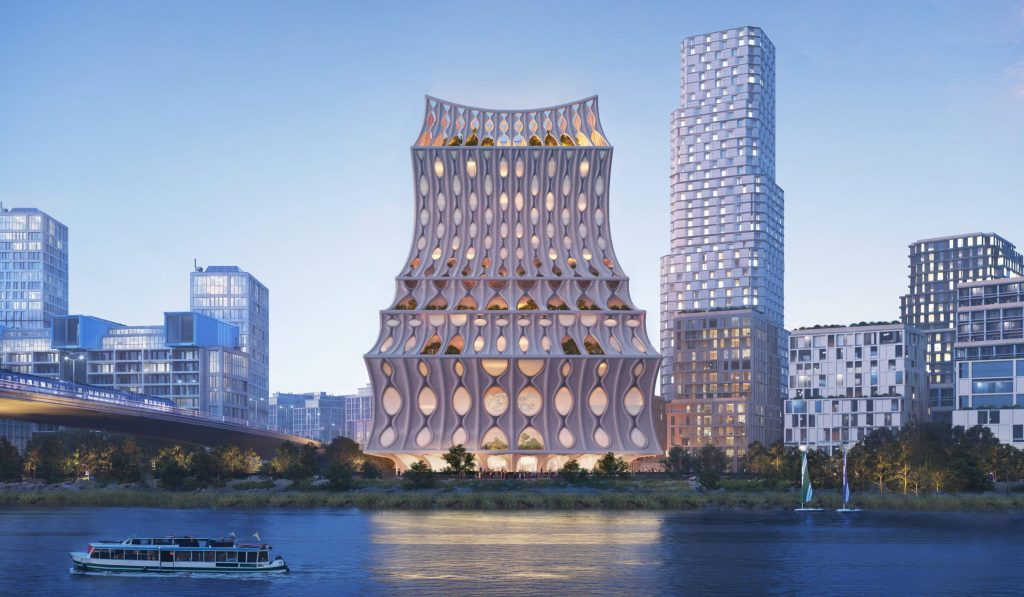 ‘Urban Reef’ proposal by Heatherwick Studio showing the stepped timber structure with perforated façade overlooking Rotterdam’s waterfront.