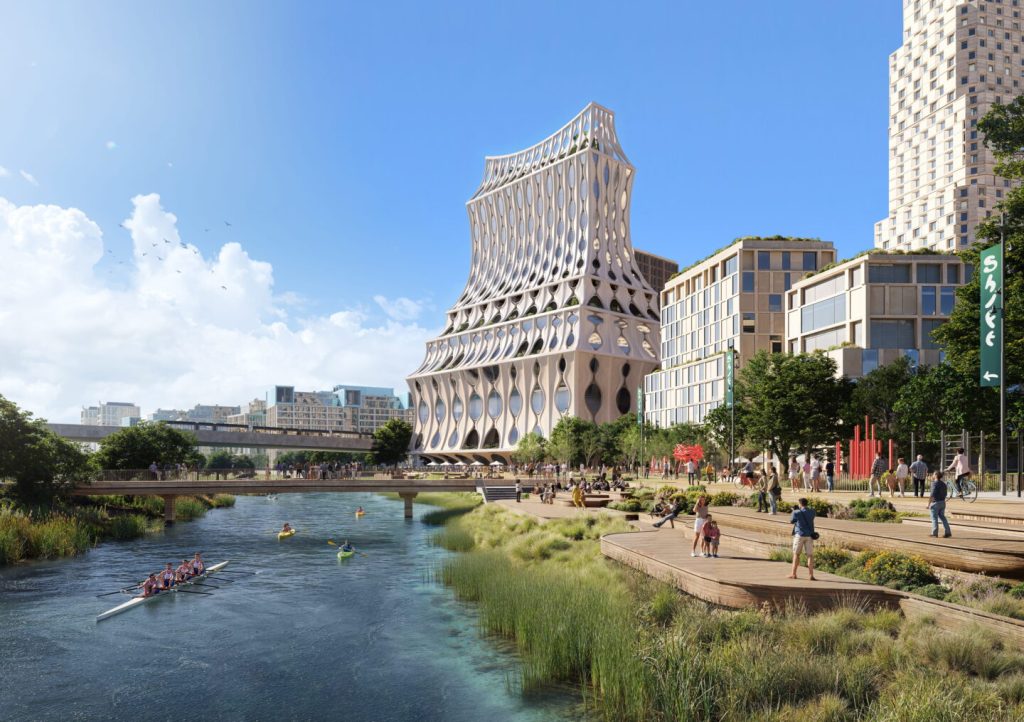 Rendering of Heatherwick Studio’s ‘Urban Reef’ landmark within the planned Waterkant waterfront district in Rotterdam.