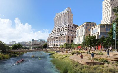 Rendering of Heatherwick Studio’s ‘Urban Reef’ landmark within the planned Waterkant waterfront district in Rotterdam.